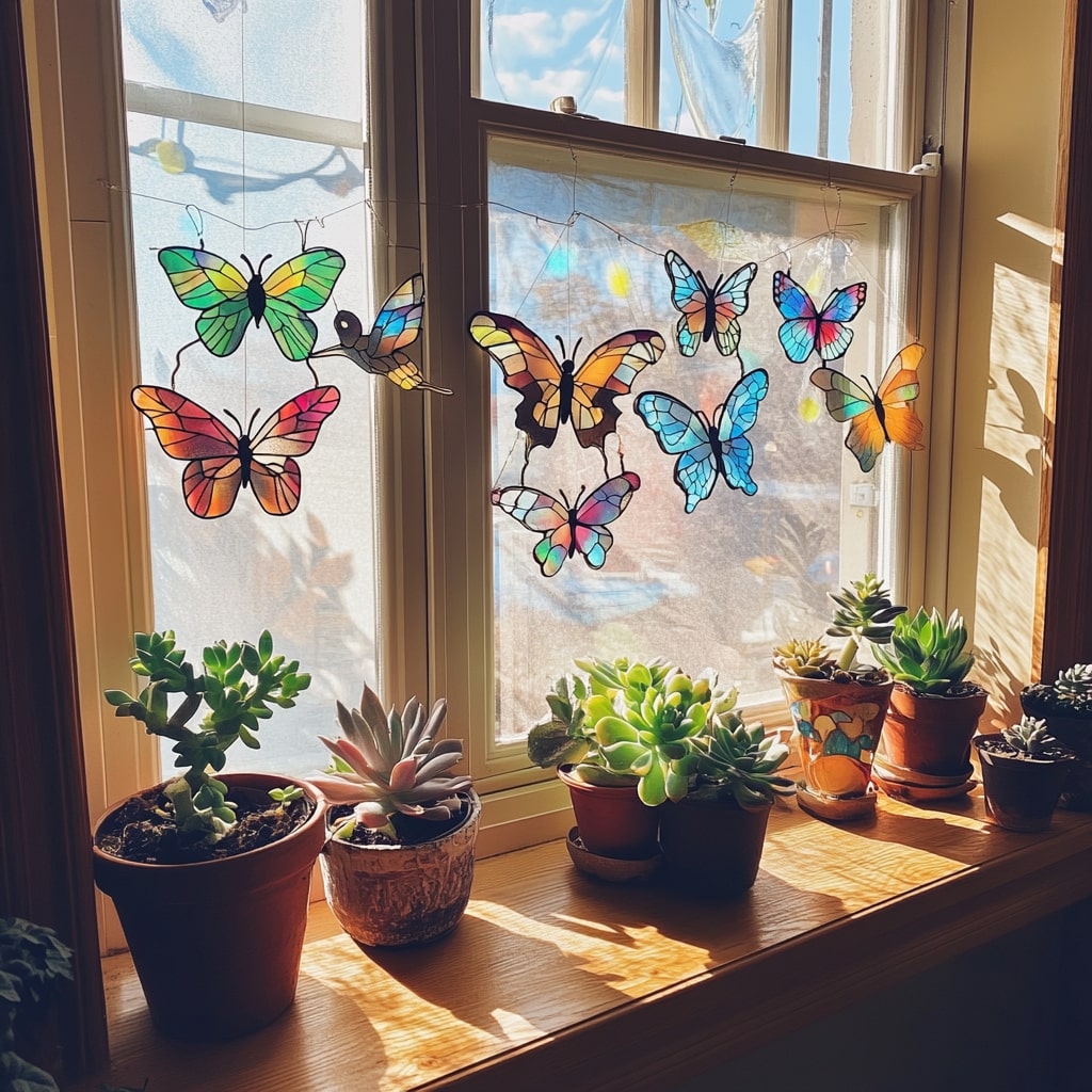 Colorful stained glass butterfly suncatchers above succulent plants