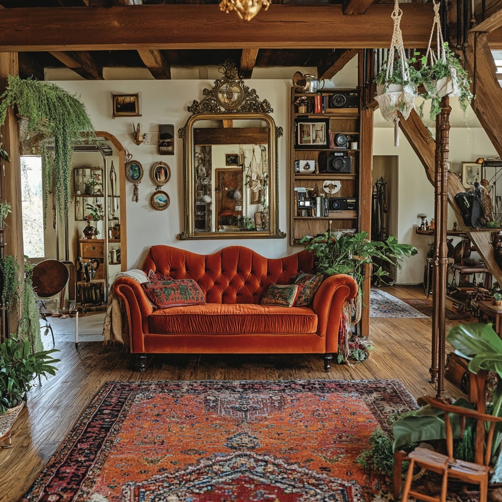 Orange velvet sofa with gilt mirror vintage cameras and hanging plants