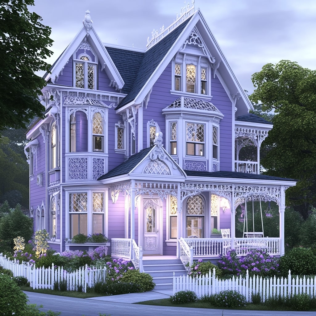 Purple Victorian house with white gingerbread trim picket fence and cottage gardens