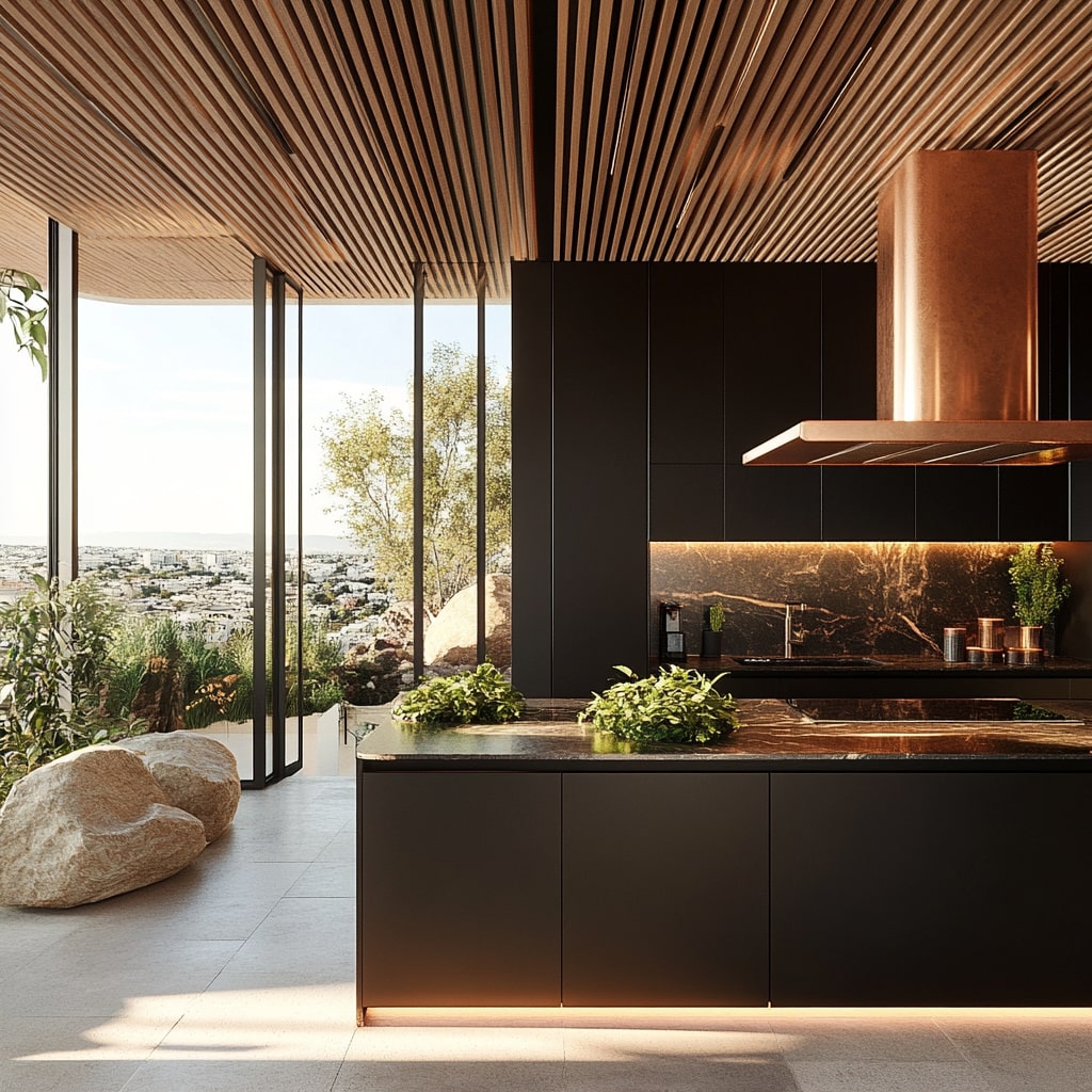 Modern dark kitchen with wooden ceiling and panoramic city views