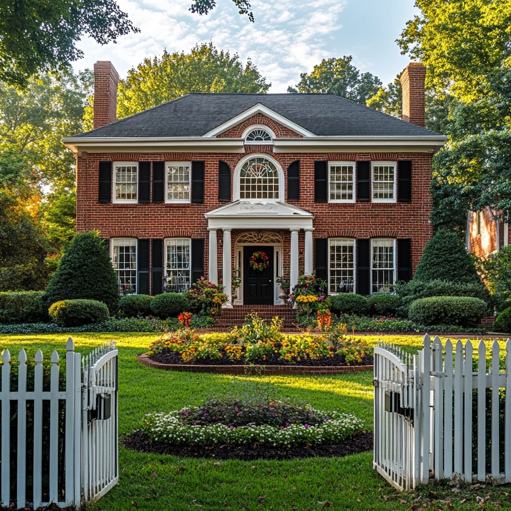 Red brick colonial house with white columns black shutters and formal garden entrance