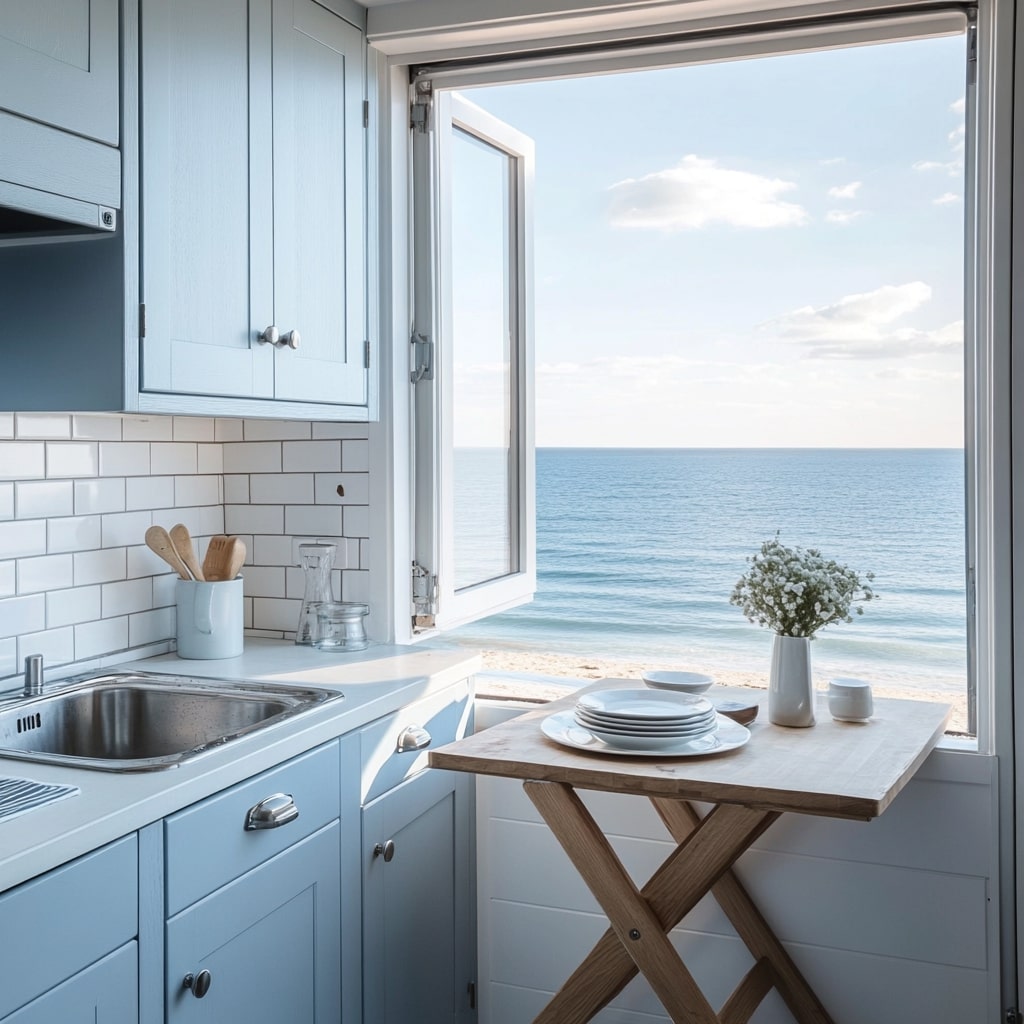 Blue kitchen with ocean view and folding wooden table