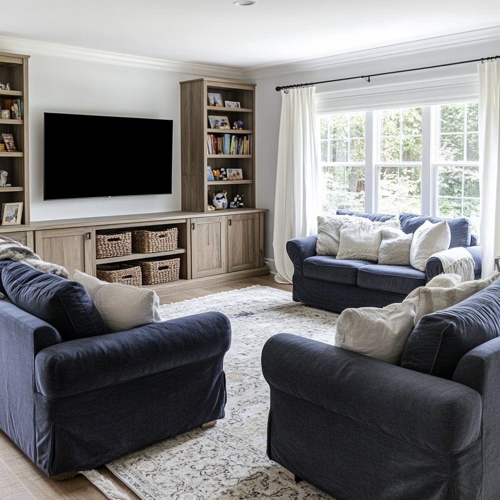 Navy sofas with built in entertainment center white pillows and neutral rug