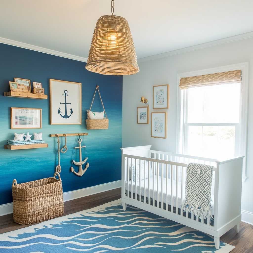  Nautical nursery with ombre blue wall white crib and woven accents