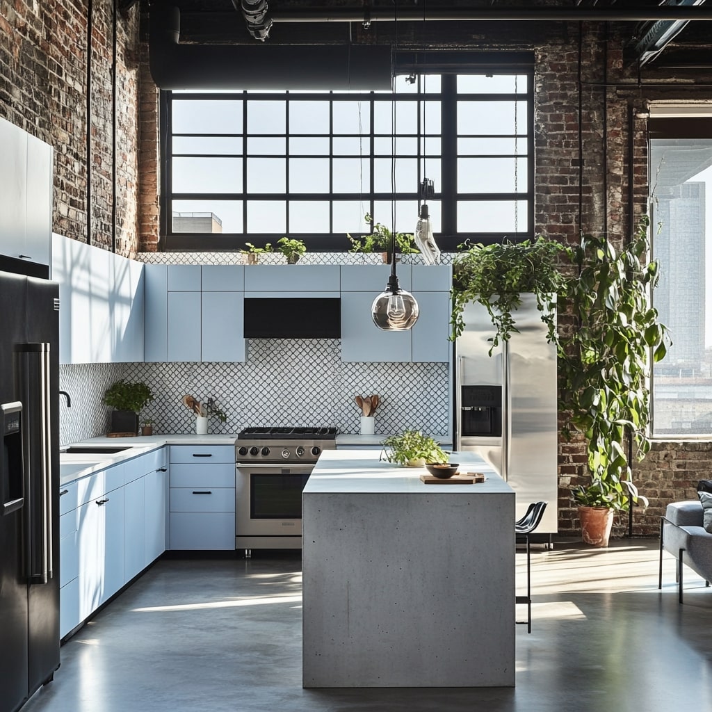 Industrial loft kitchen with blue cabinets brick walls and concrete island