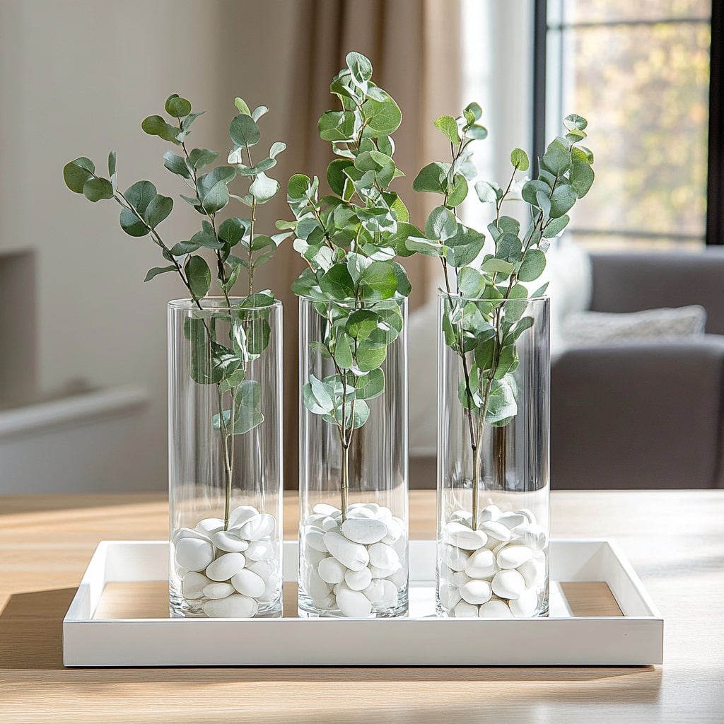 Three glass cylinder vases with eucalyptus and white stones on white tray