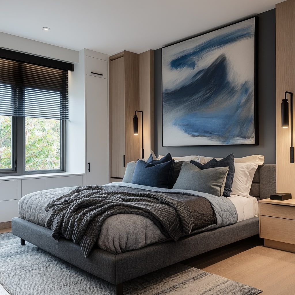 Modern bedroom with blue wave artwork built in storage and textured bedding