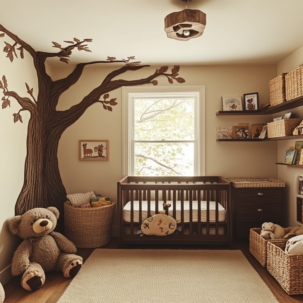  Woodland nursery with tree mural dark wood crib and natural textures