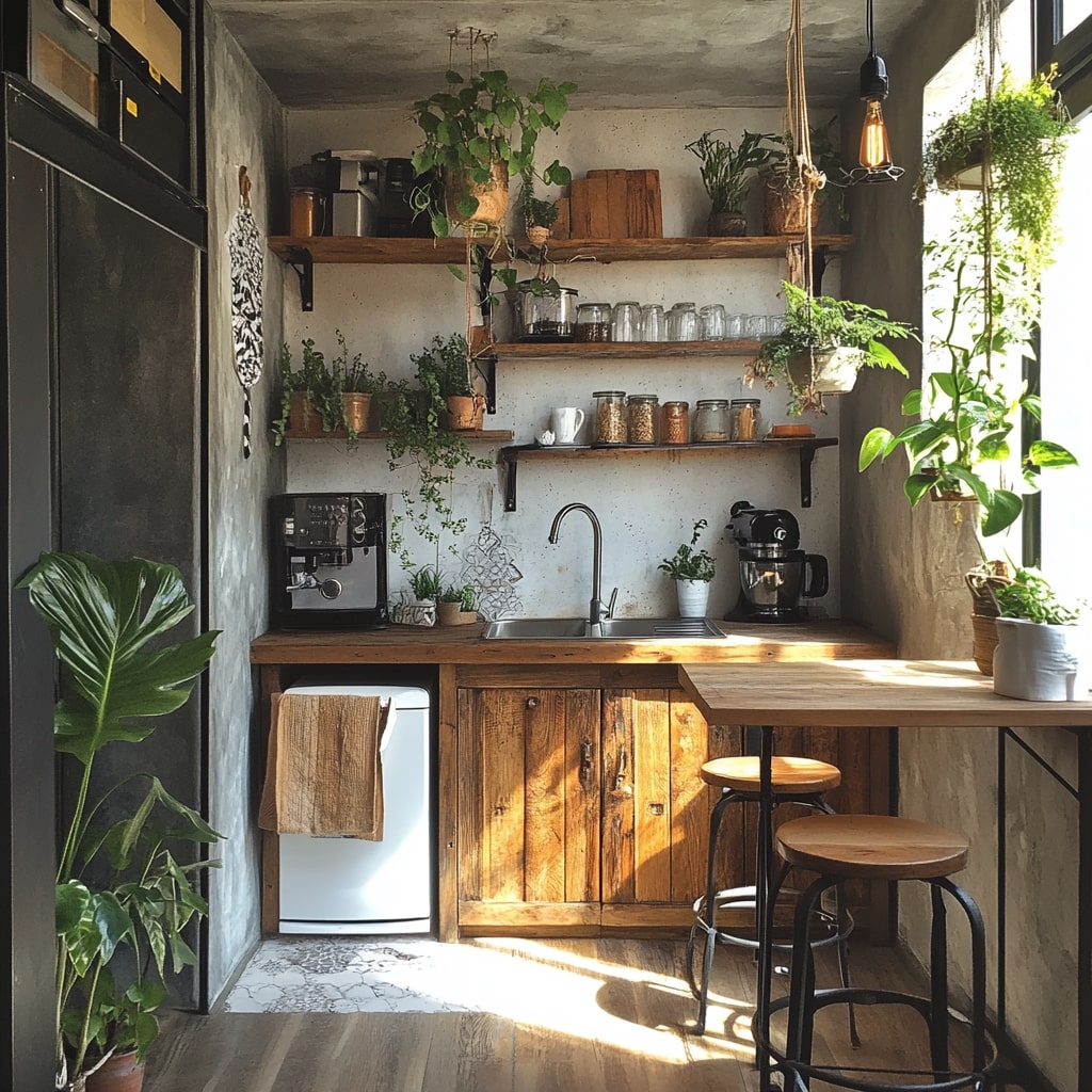 Industrial style coffee station with wooden shelves and plants