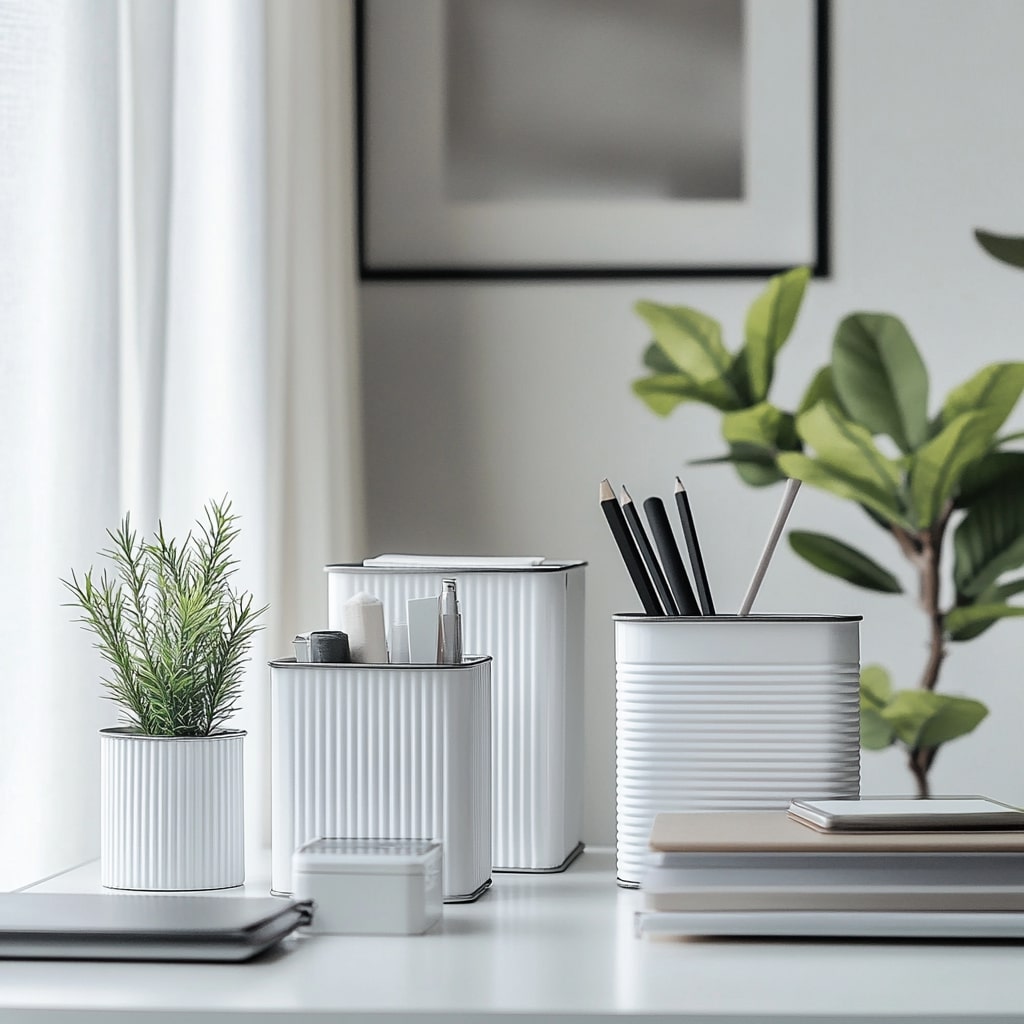 White ribbed desk organizers with greenery and office supplies