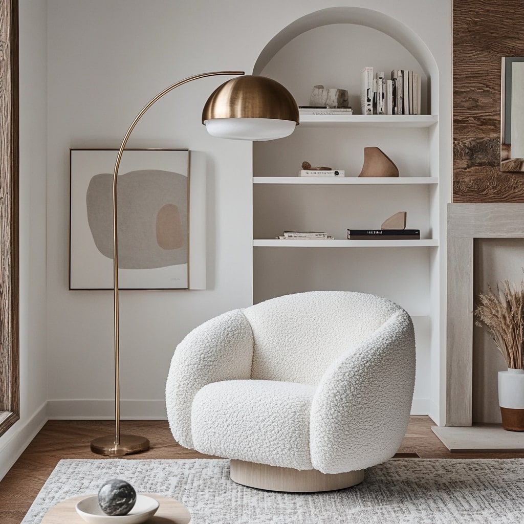  White bouclé swivel chair with brass floor lamp and built in shelving