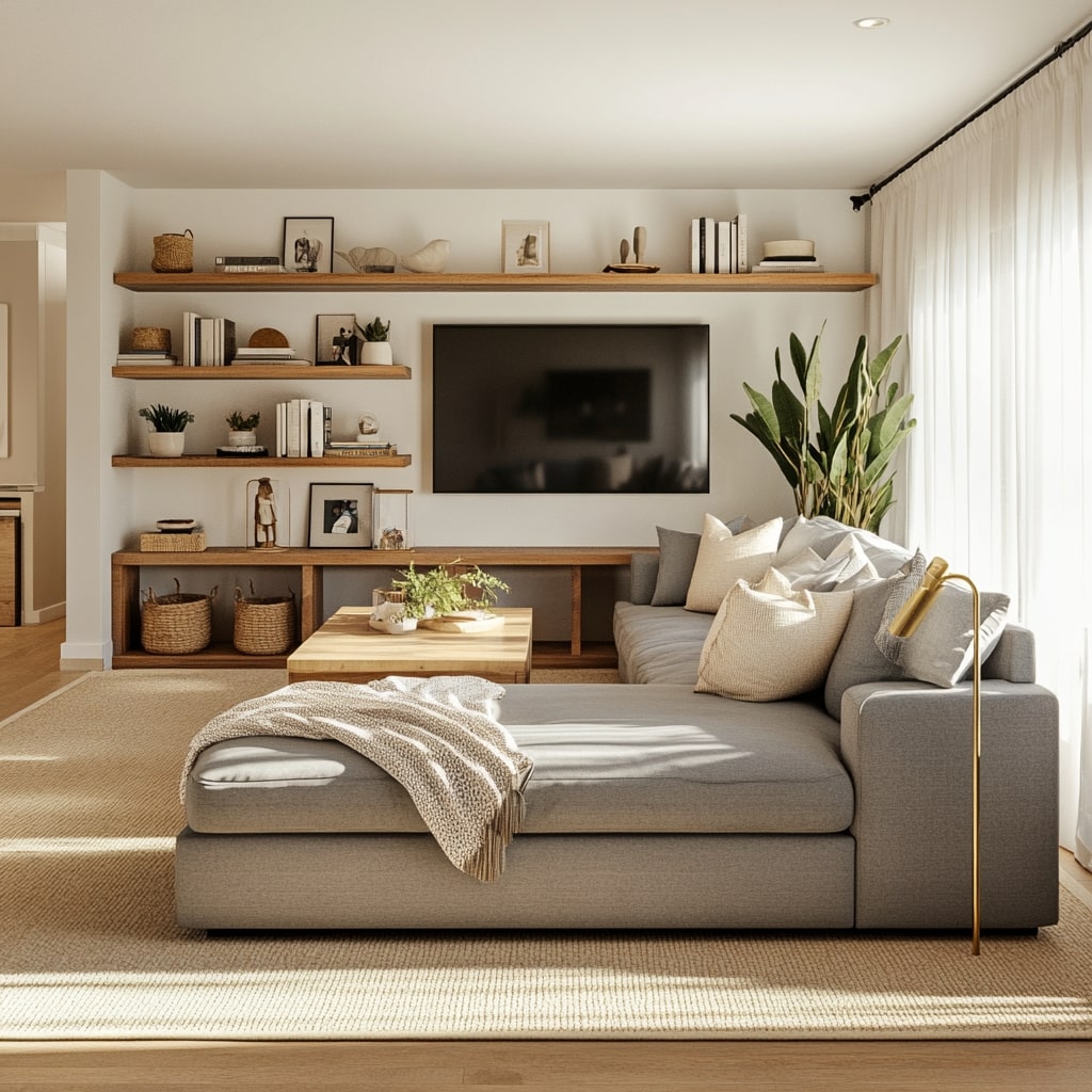 Gray sectional with floating shelves wooden accents and neutral decor