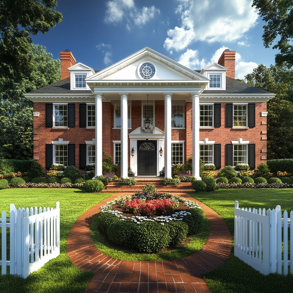 Georgian colonial mansion with white columns circular garden and brick pathway