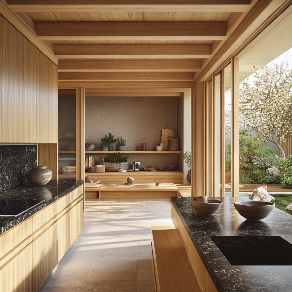  Kitchen with wooden beams and black countertops overlooking garden