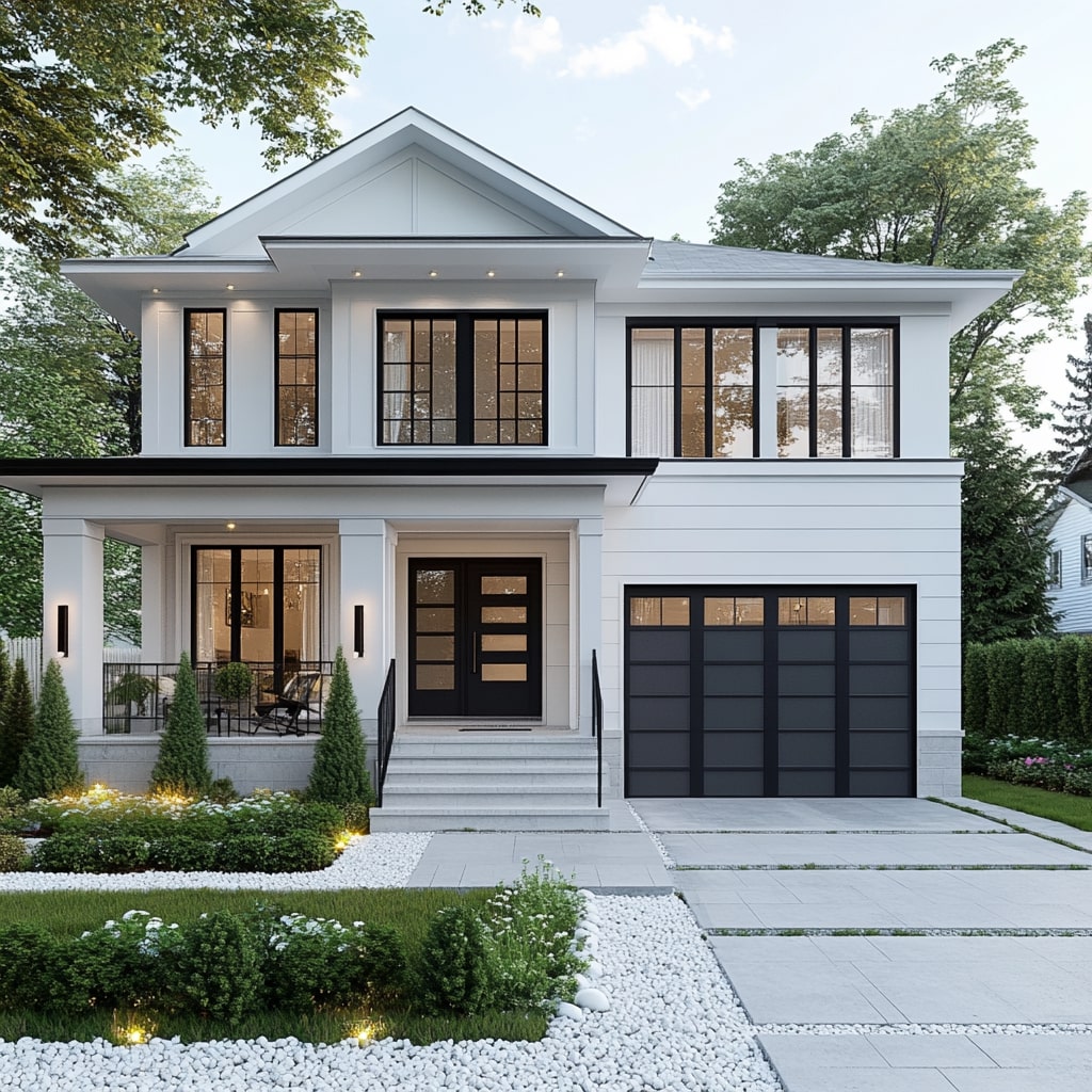 White modern colonial with black windows geometric garden and concrete pavers