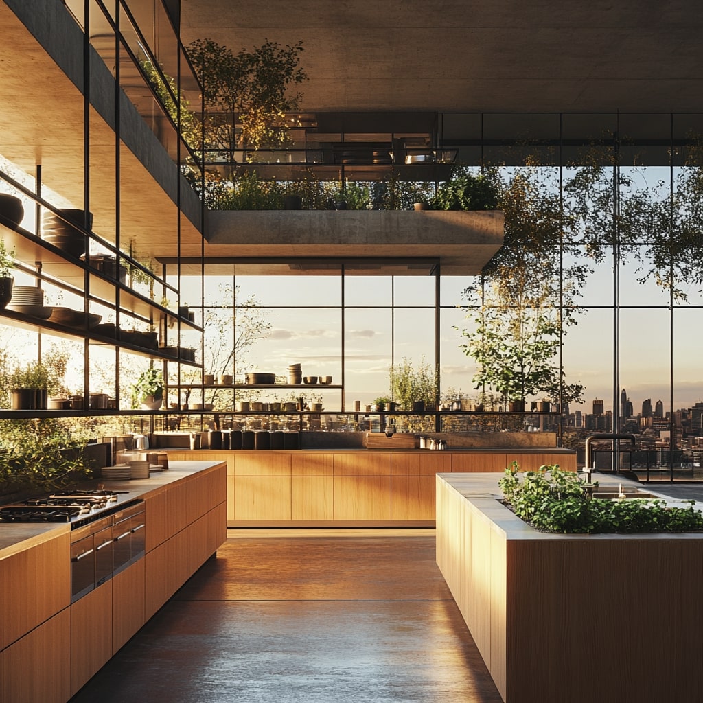 Kitchen with hanging gardens and floor to ceiling windows overlooking city