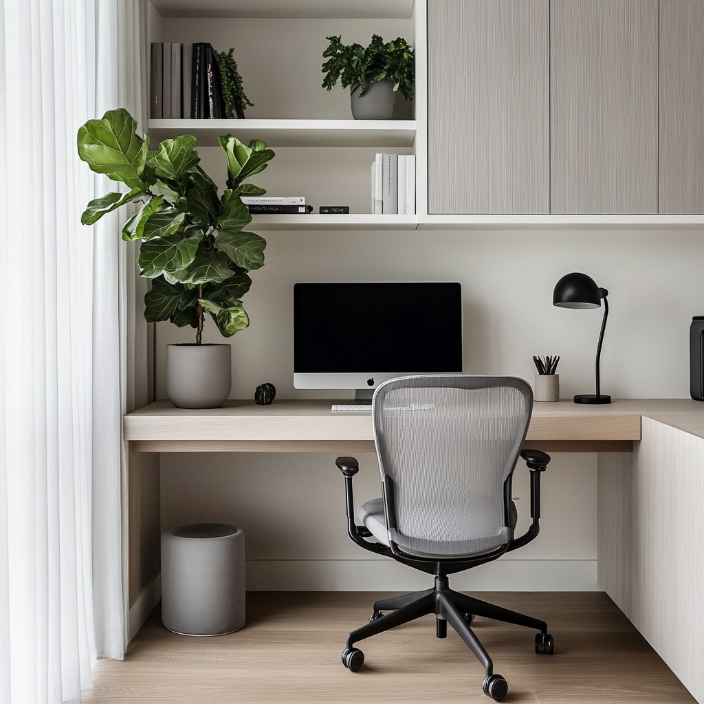 Minimal home office with built in desk fiddle leaf fig and ergonomic chair