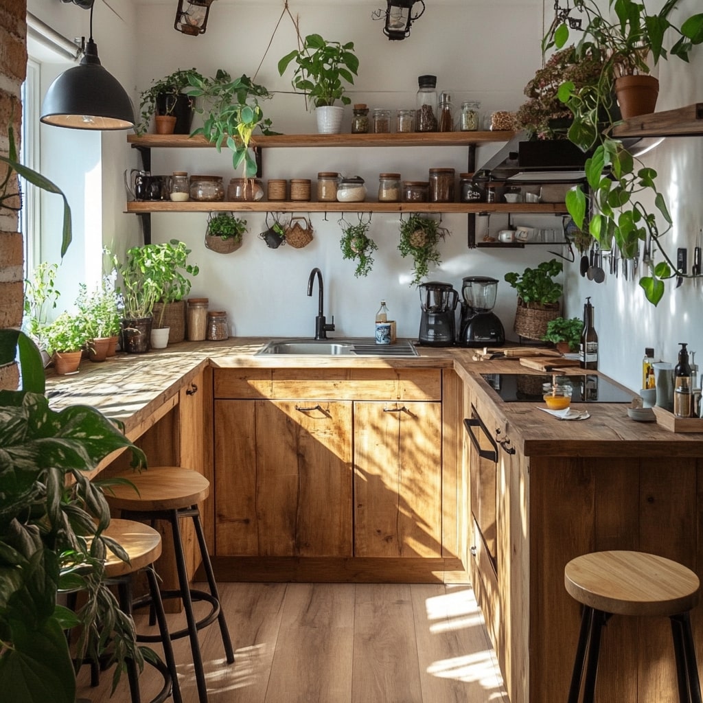 Wooden kitchen with herbs and natural lighting