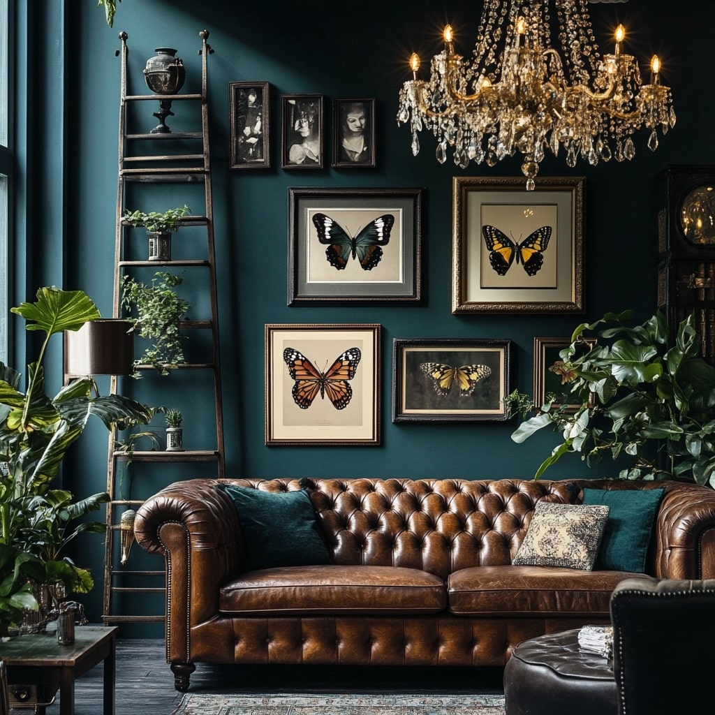 Brown leather sofa with butterfly art crystal chandelier and teal walls