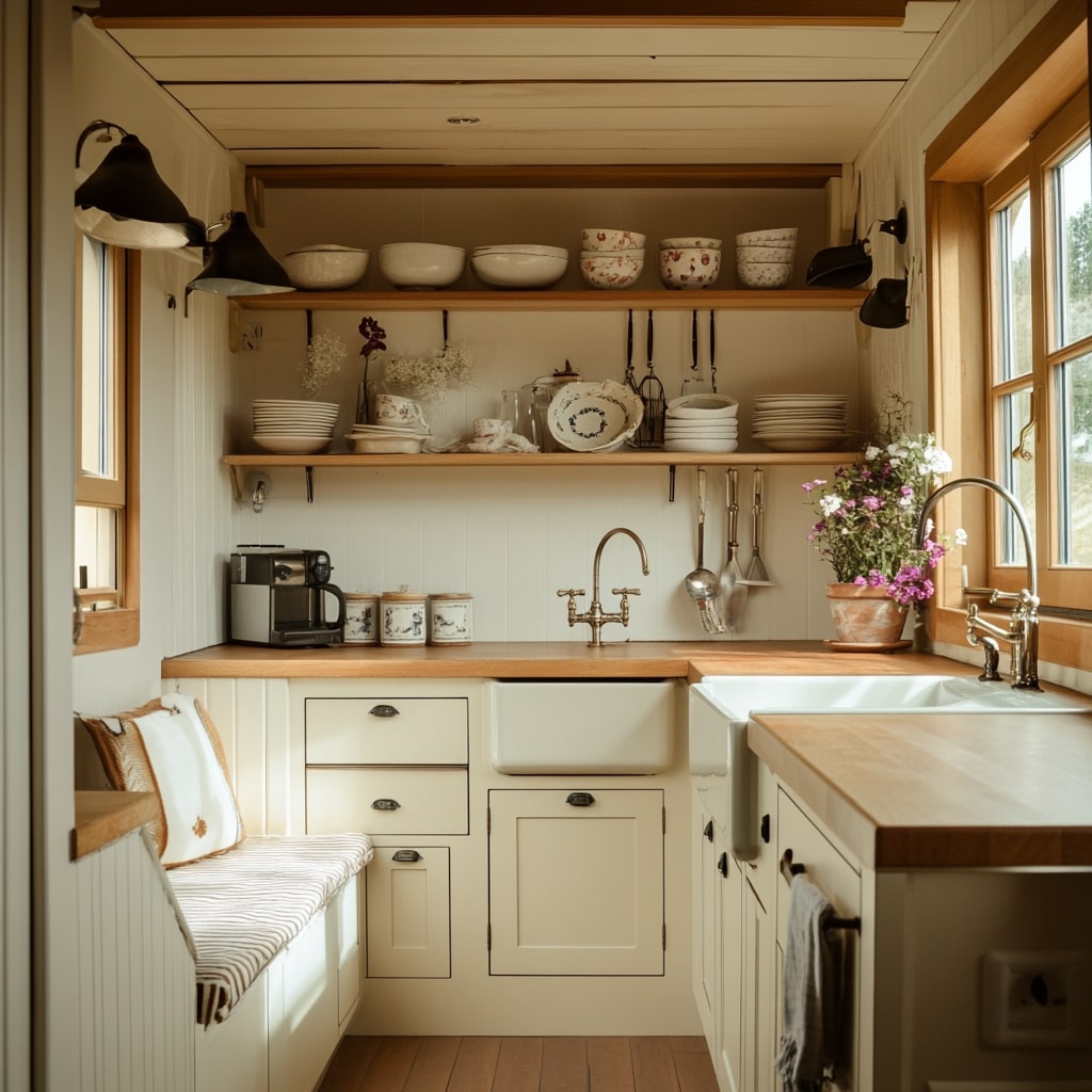 Cream kitchen with window seat and vintage dishes