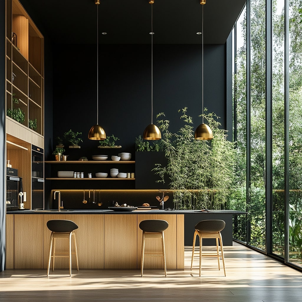 Black kitchen with brass accents and bamboo plants by windows