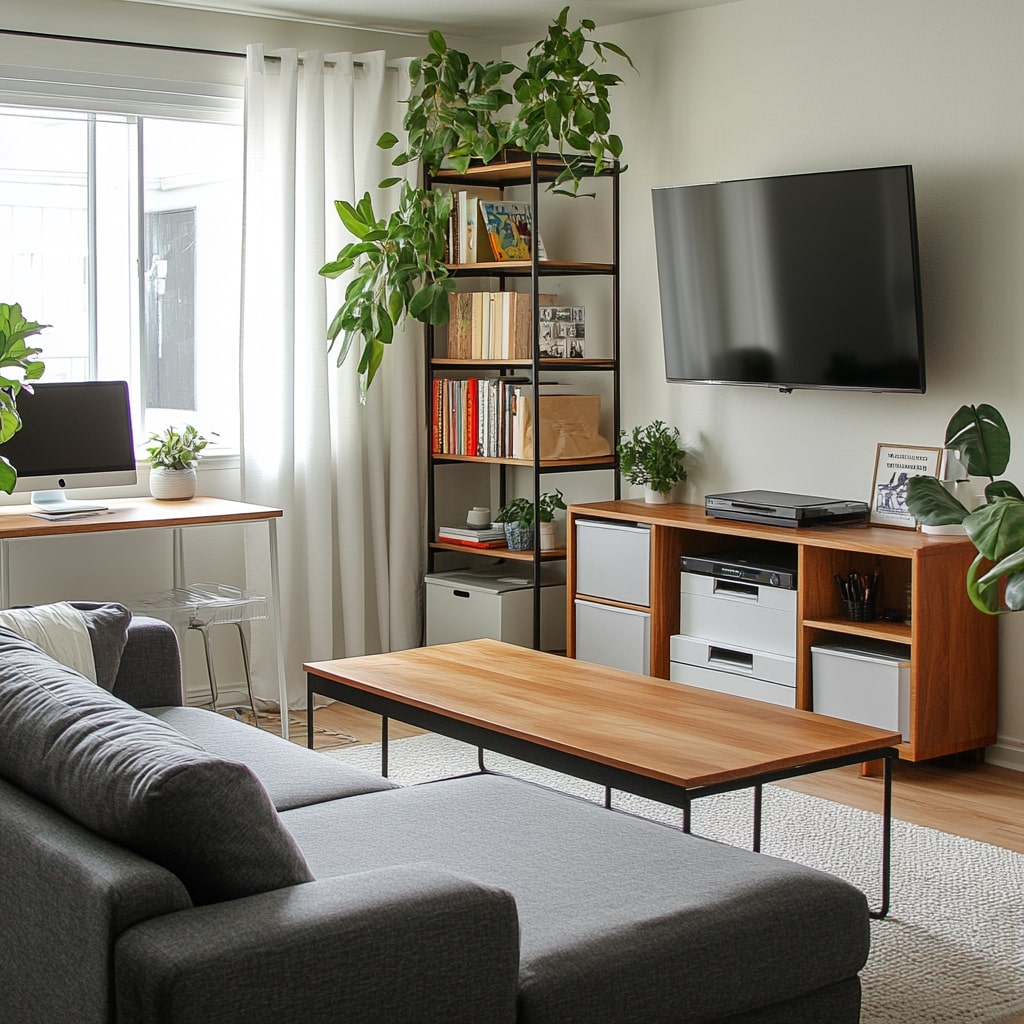 Gray sectional with ladder shelf wooden desk and modern storage