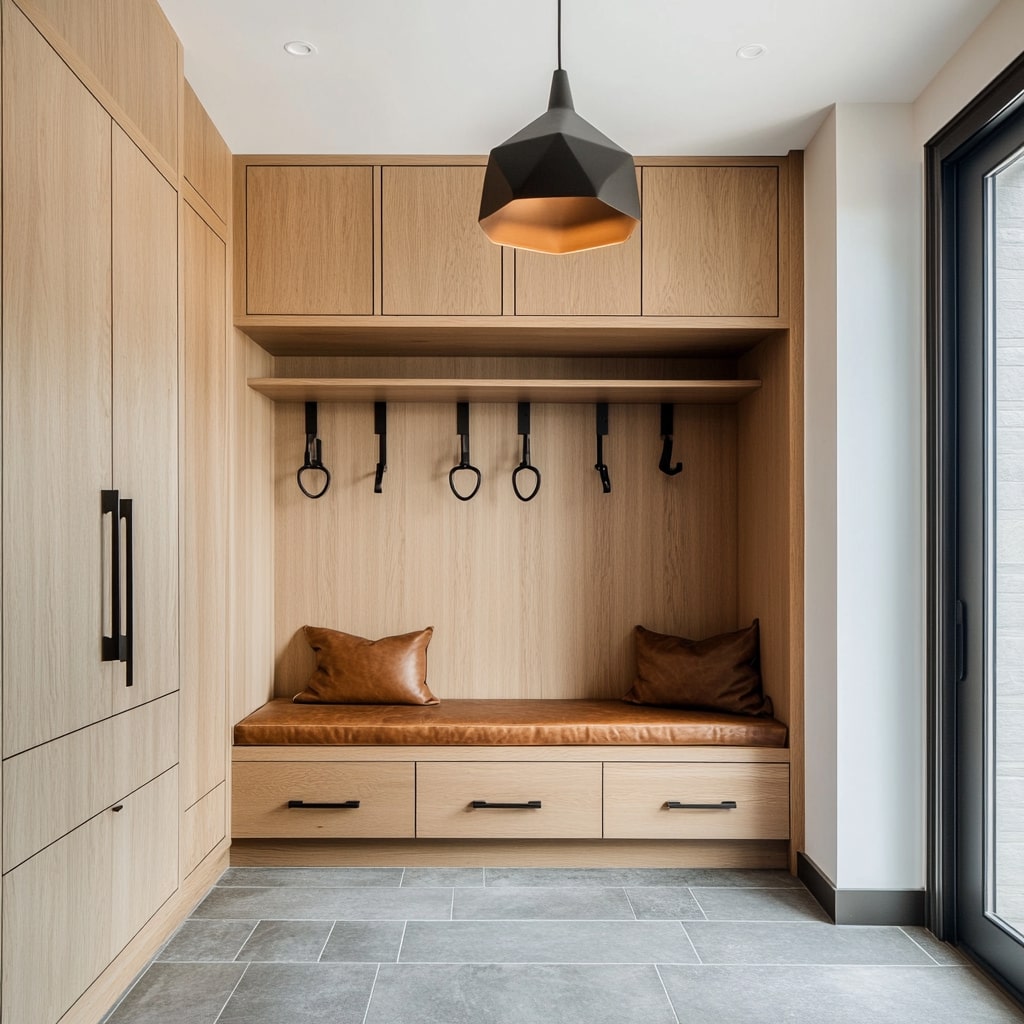 Built in mudroom storage with leather bench black hooks and pendant light