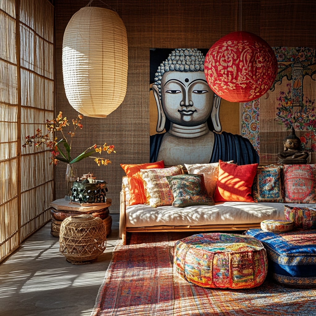 White daybed with Buddha artwork paper lanterns and oriental rug