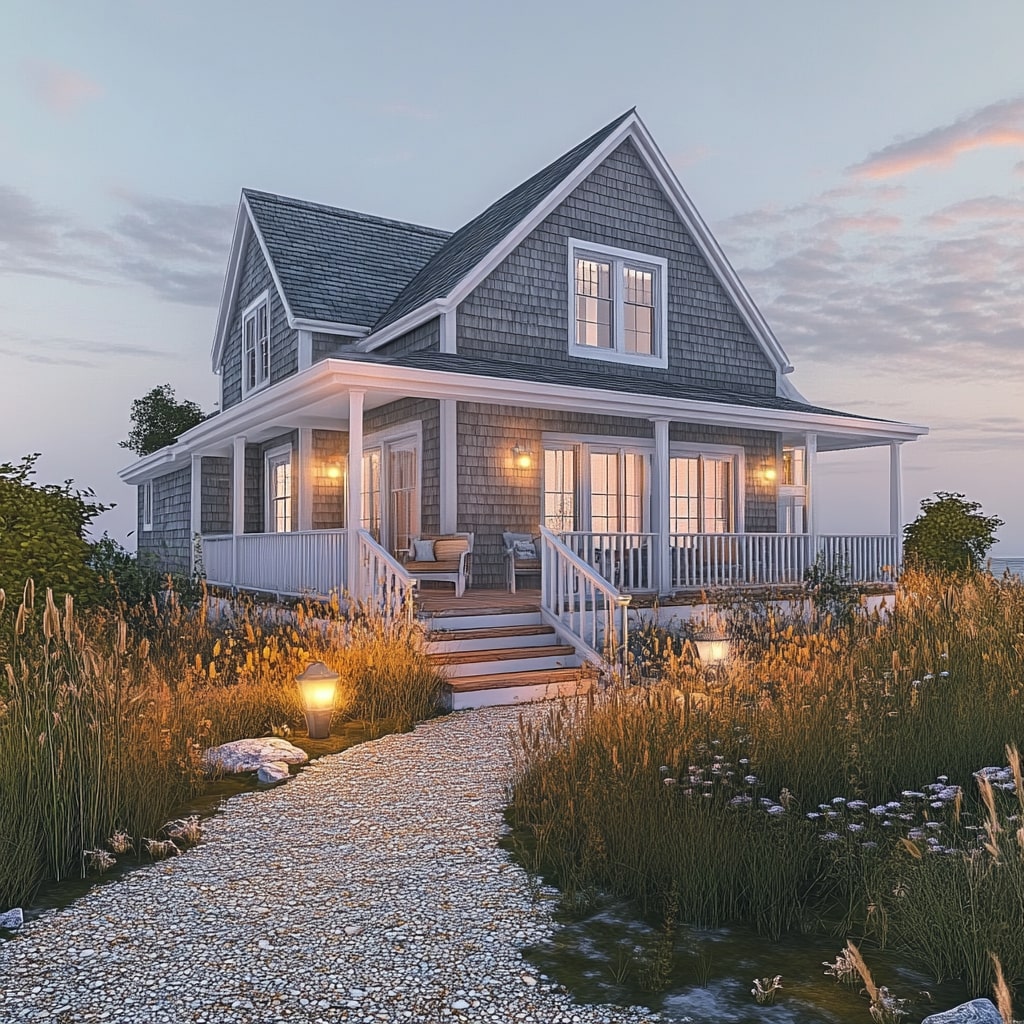 Gray beach house with wraparound porch shell pathway and ornamental grasses