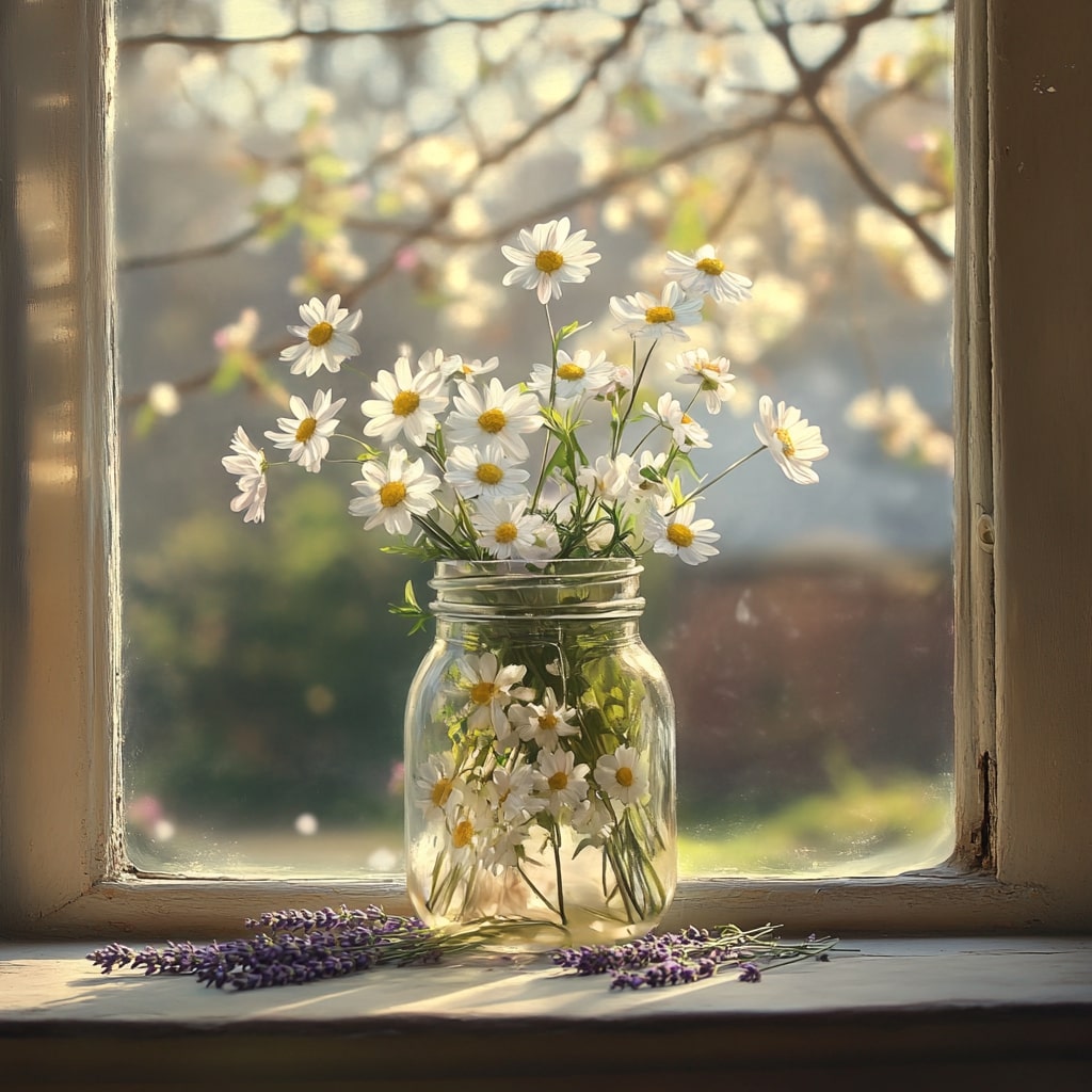 Mason jar with white daisies and lavender by window