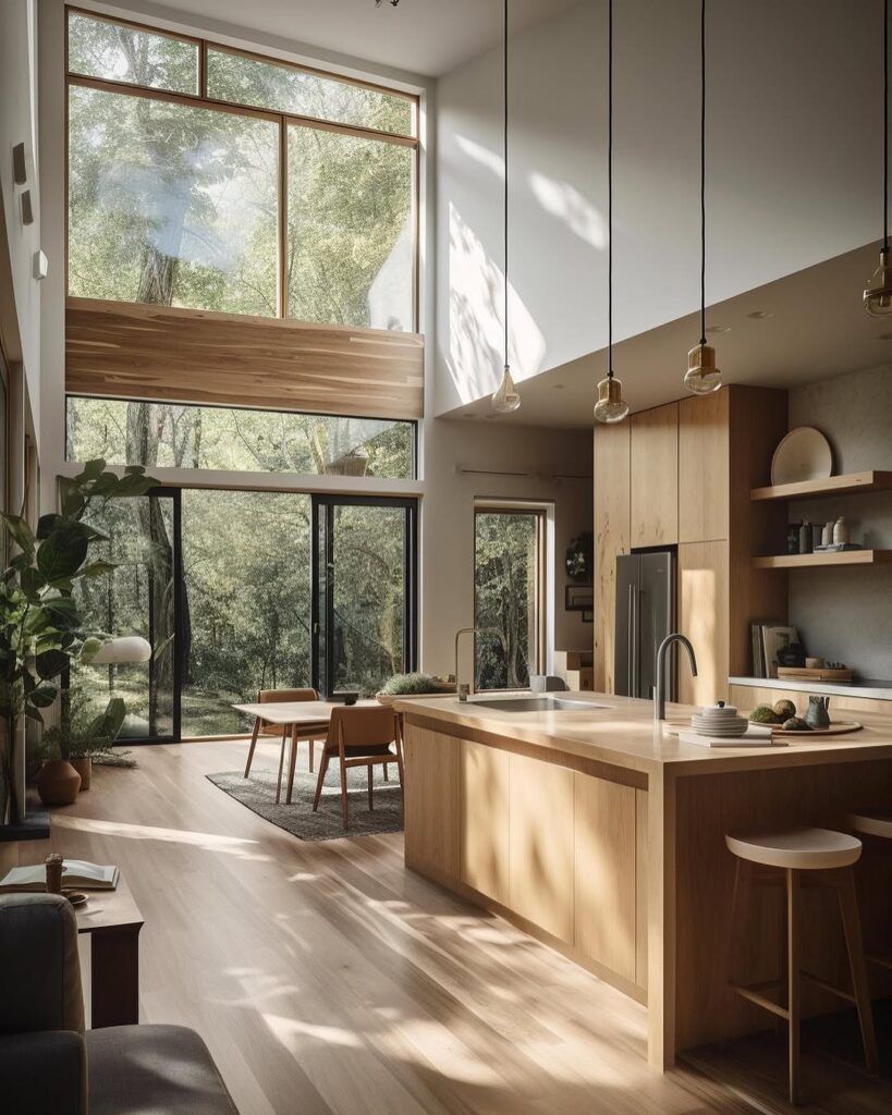 Double height kitchen with floor to ceiling windows and wooden cabinets