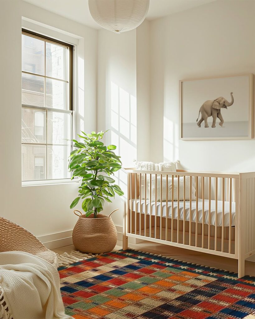  Modern nursery with ethnic rug wooden crib and elephant artwork