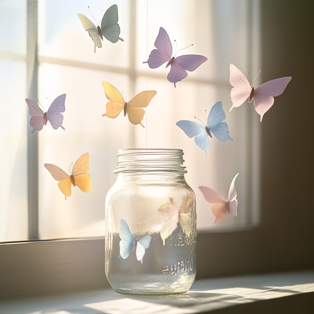 Mason jar surrounded by pastel paper butterflies in morning light