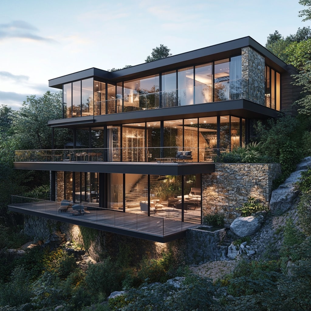 Modern glass house built into hillside with stone accents and multiple terraced levels