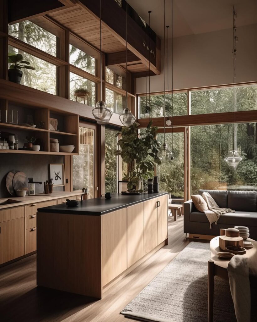 Modern kitchen with floor to ceiling windows and wooden cabinets overlooking forest