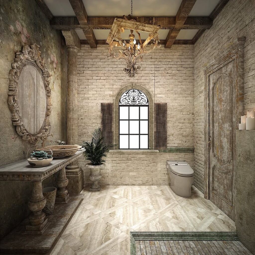 Elegant powder room with stone walls and ornate mirror featuring arched window