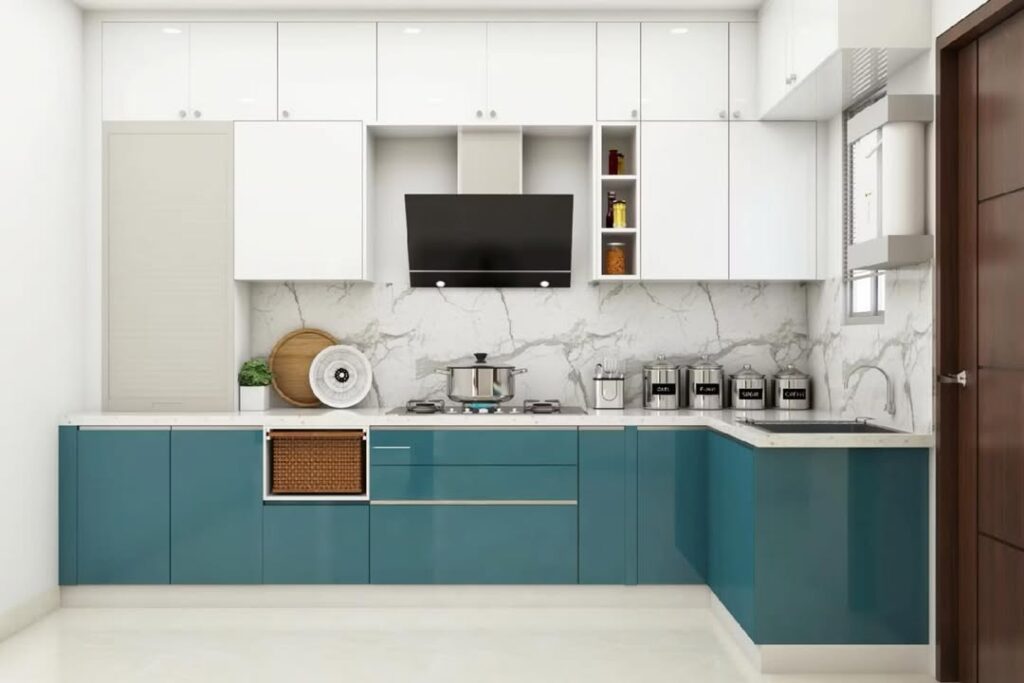 Contemporary kitchen with teal lower cabinets white uppers and marble backsplash