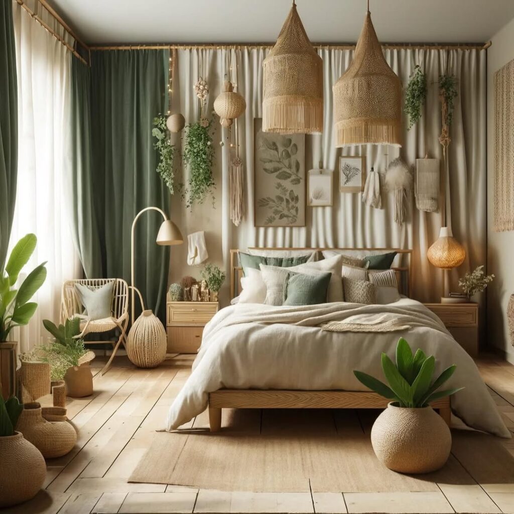 Bohemian bedroom with woven pendant lights green curtains and natural decor elements