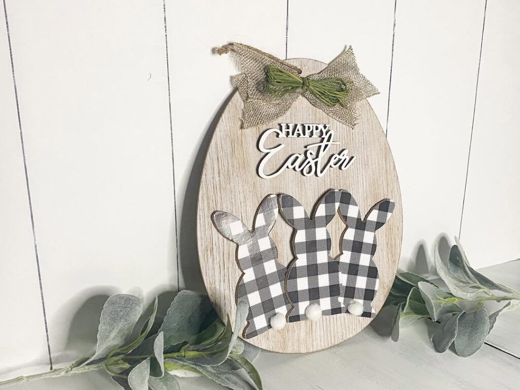 Wooden Easter egg sign with buffalo check bunnies and burlap bow