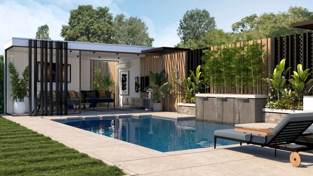 Modern pool house with geometric pool and contemporary outdoor living space