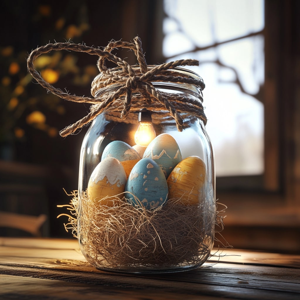 Mason jar with lit fairy light and painted Easter eggs in straw nest