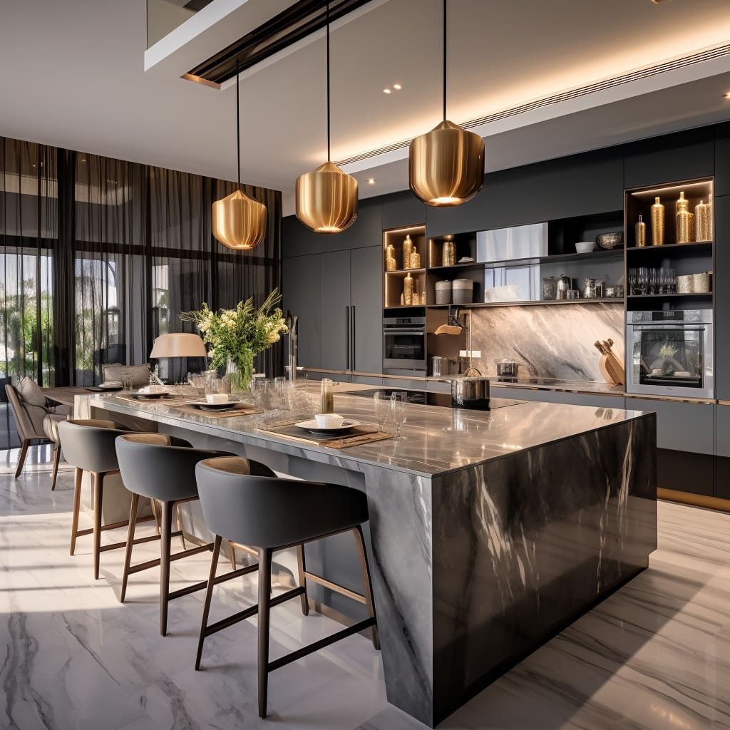 Modern black kitchen with gold pendants marble island and bar seating