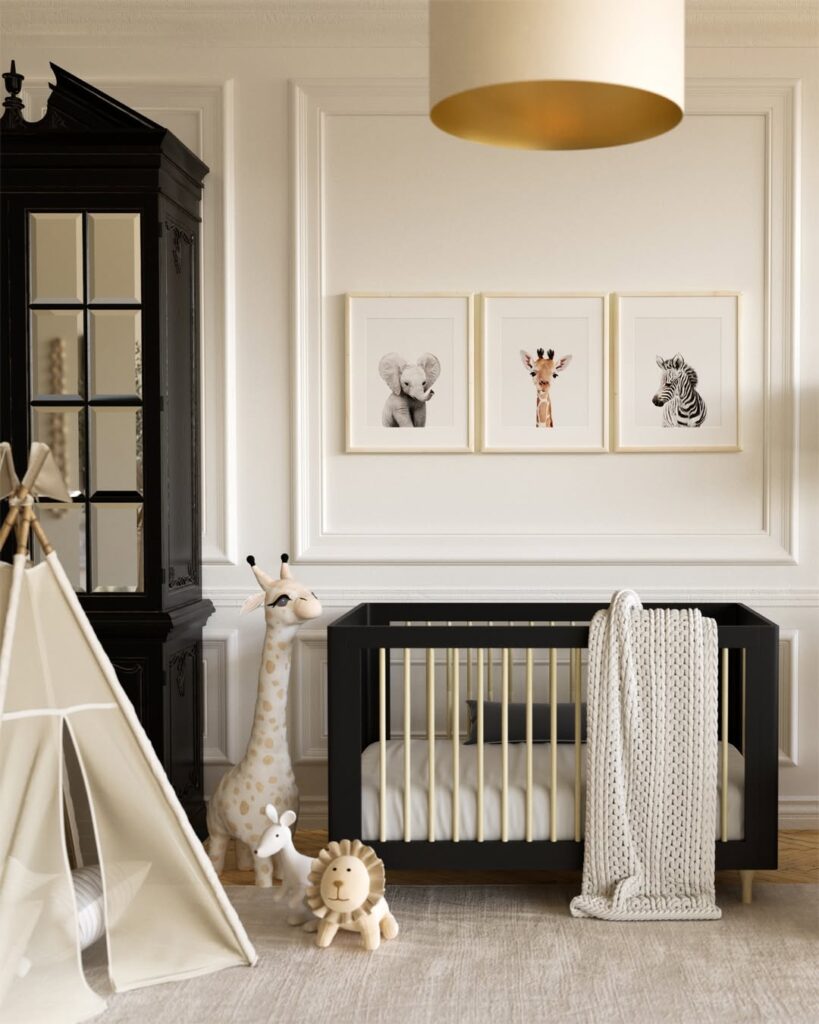  Black and white nursery with animal prints and teepee tent