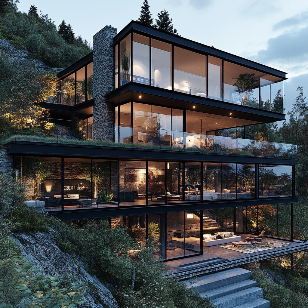 Four story modern mountain house with glass walls and illuminated stone features