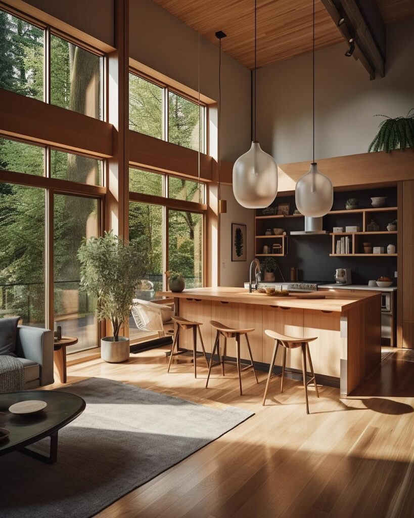 Light filled kitchen with wooden accents and modern pendant lights