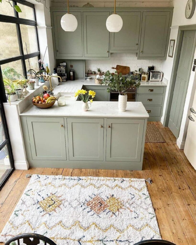 Sage green kitchen with white countertops and patterned rug