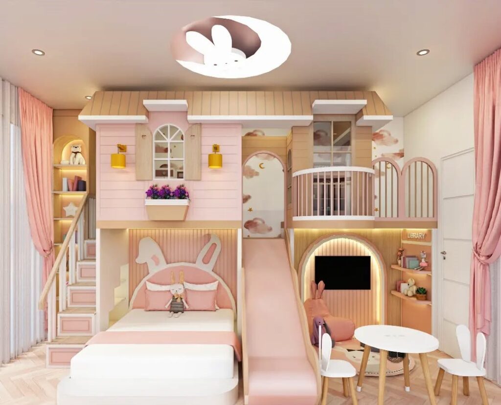 Girls bedroom with pink bunny themed playhouse and slide