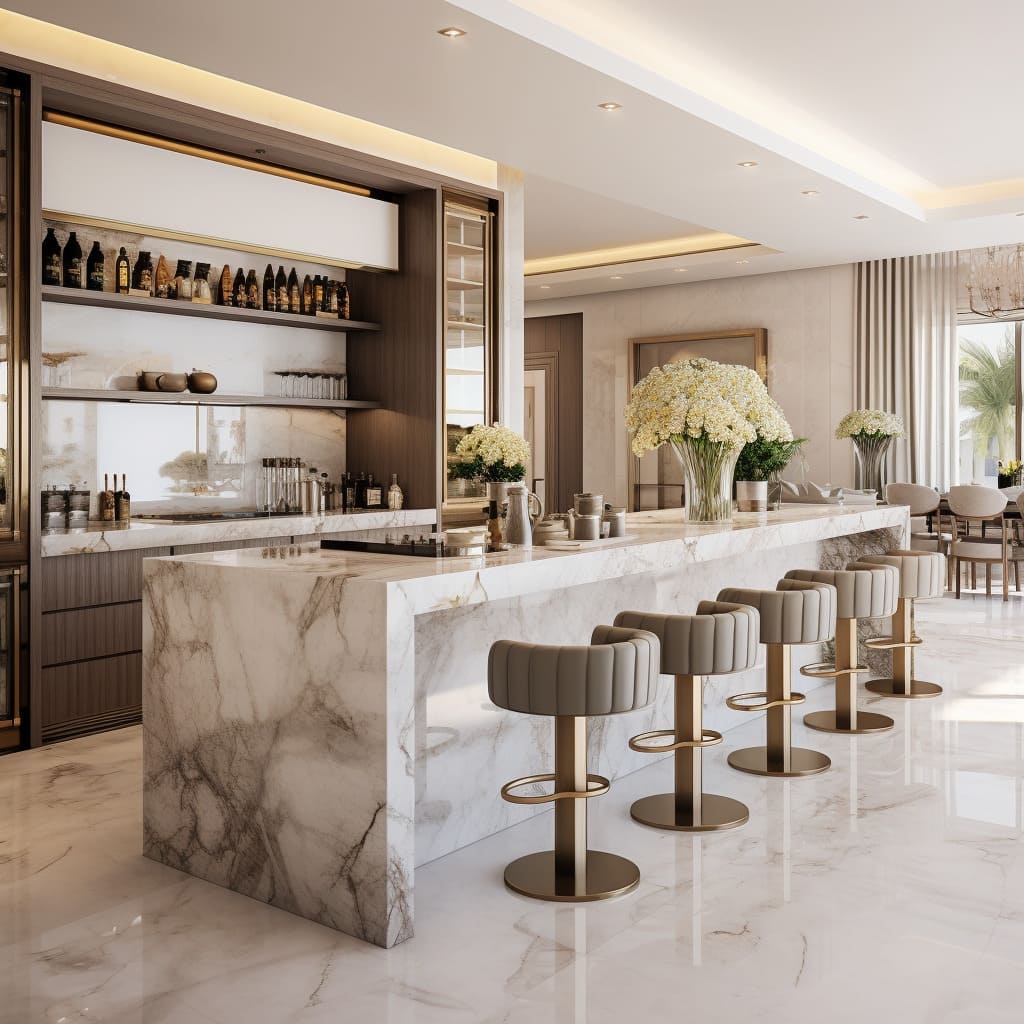 Luxury marble bar with plush bar stools and floral arrangements