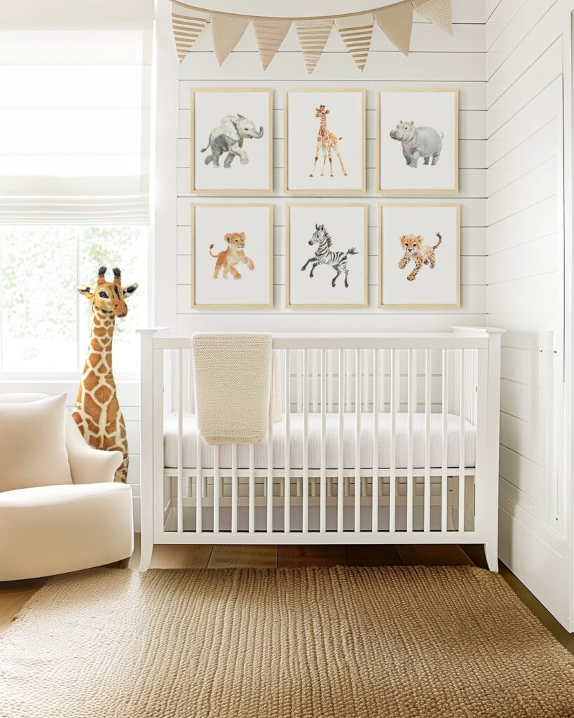 White nursery with shiplap walls and safari animal gallery