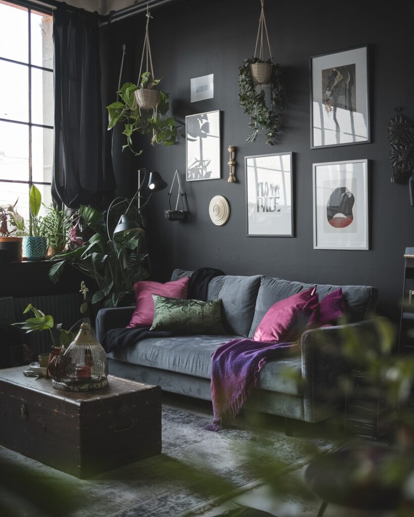 Dark living room with gray sofa hanging plants and black walls